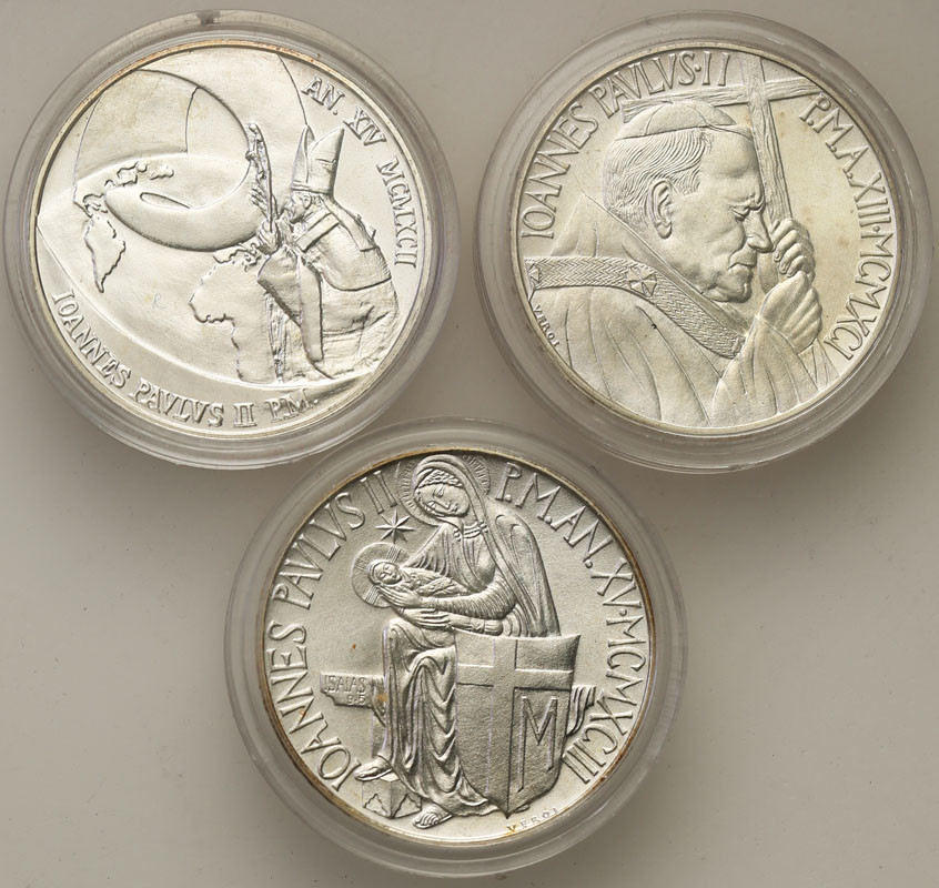 Watykan. 500 lirów 1991-1993 - Jan Paweł II, zestaw 3 monet